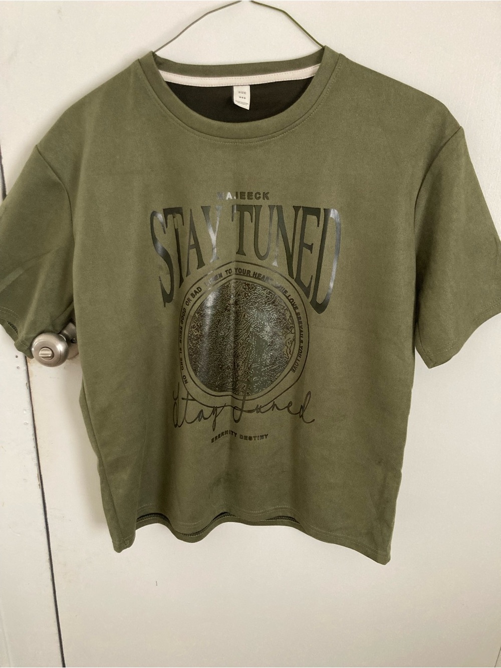 SHEIN Olive Green Graphic 'Stay Tuned' Short Sleeve Tee